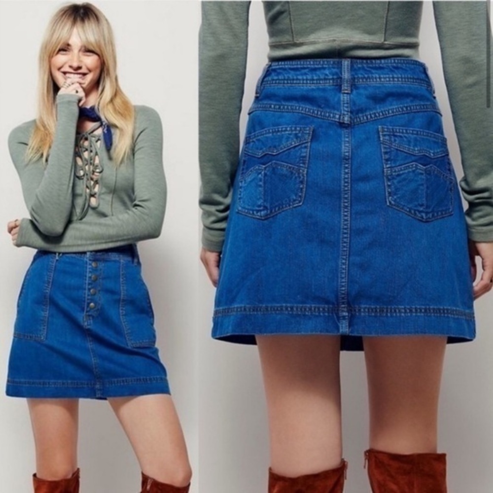 Free People Wildfire Denim Mini Midi Pocket Skirt Sz 31